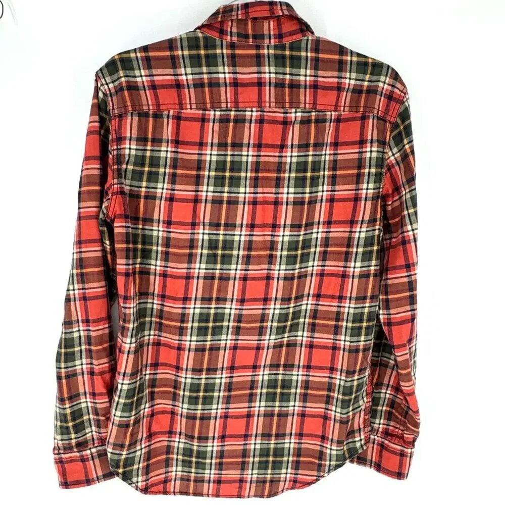 American Eagle Lightweight Cotton Plaid Long Sleeve Camp Shirt Red Green Brown M